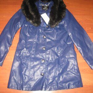 DENNIS BASSO Faux Leather Removable Fur Blue Coat Jacket S - FLAW